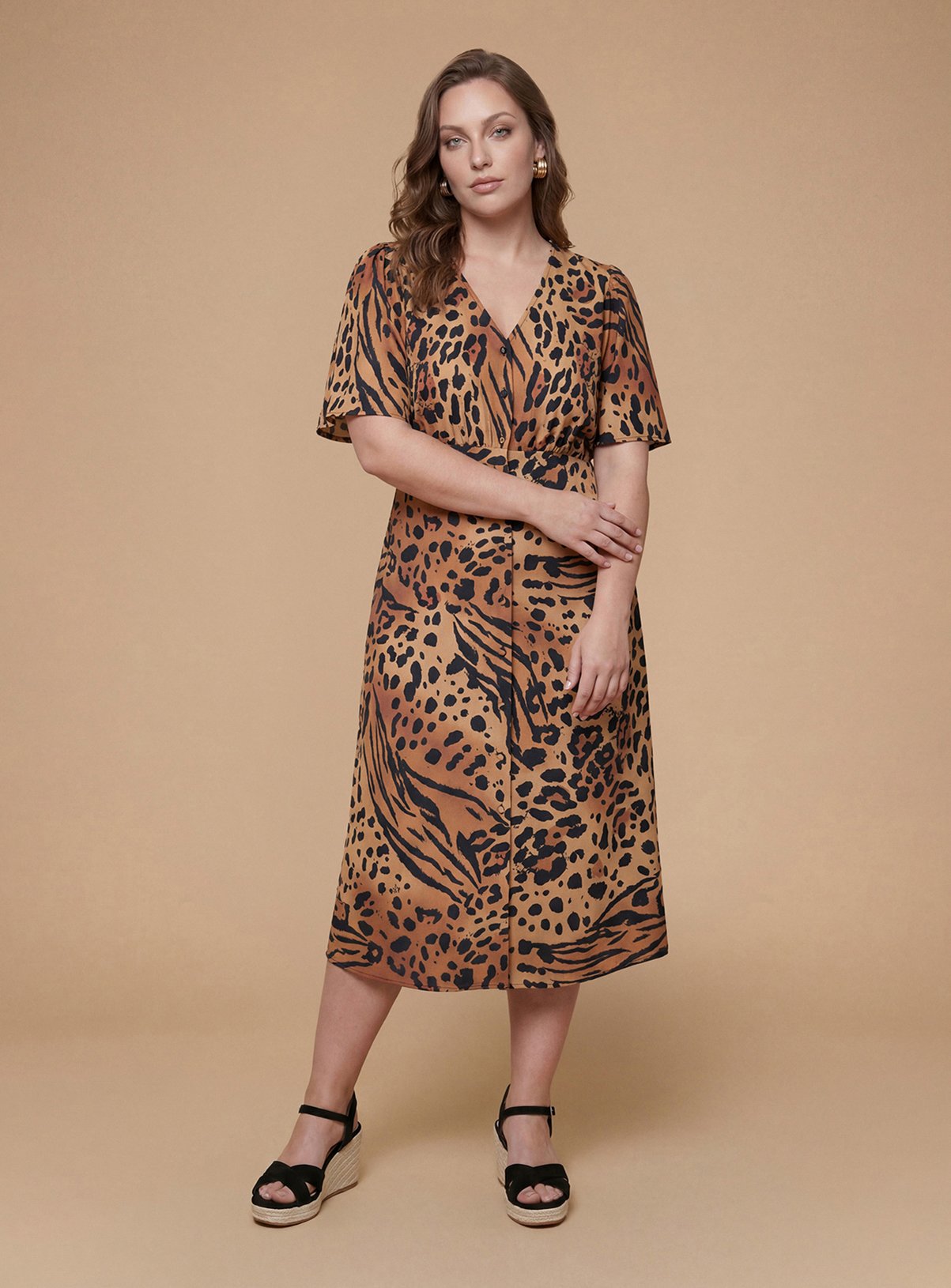 DOROTHY PERKINS Curve Animal Button Front Angel Sleeve Tie Back Midi Dress 22 - Image 1 thumbnail